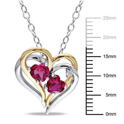 Women'S 1 1/6 Carat T.G.W. Heart-Cut Created Ruby & Round-Cut Diamond Accent T.W.-Tone Silver Double Heart Pendant with Chain with Shared Prong Setting & Spring Ring Clasp (G-H-I, I3) - 18 In.