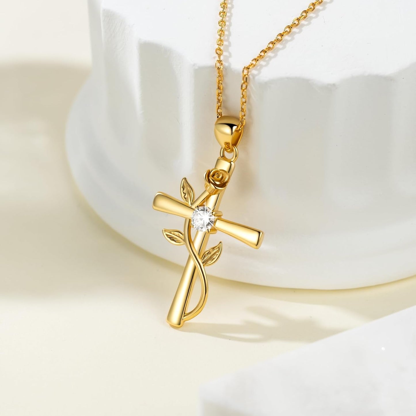 Cross Necklace for Women Sterling Silver Cross Necklaces Pendant White/Rose/Gold Plated Cubic Zirconia Flower Necklace Gifts for Women