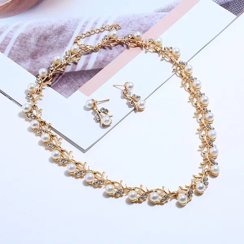 Elegant 3Pcs/Set Party Gift Wedding Bridal Jewelry Diamond Imitation Pearl Necklace Earring Sets