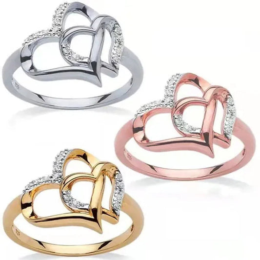 Lady's Elegant Heart shaped Ring Creative Design Diamond Zircon Double Love Hollow Ring Female Fashion Jewelry