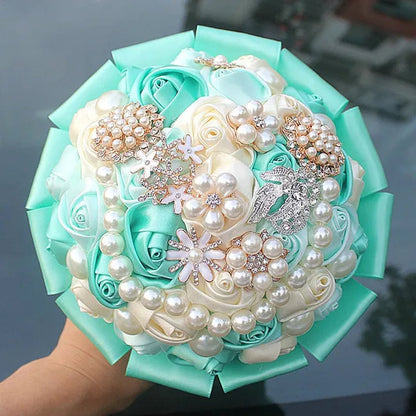 Customizable Mixed Color Silk Rose Wedding Bouquet Fine Pearl Diamond Brooch Bride Holding Flowers Artificial Wedding Flower Bridesmaid Bouquet 4Size