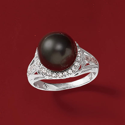 11-12Mm Black Cultured Tahitian Pearl Ring with .20 Ct. T.W. White Topaz in Sterling Silver