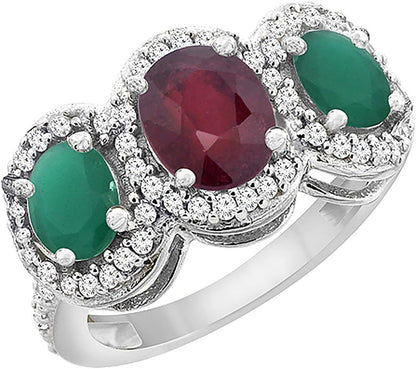 10K White Gold Natural Quality Ruby & Cabochon Emerald 3-Stone Mothers Ring Oval Diamond Accent, Sz5-10