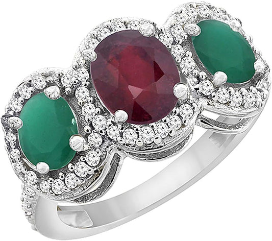 10K White Gold Natural Quality Ruby & Cabochon Emerald 3-Stone Mothers Ring Oval Diamond Accent, Sz5-10
