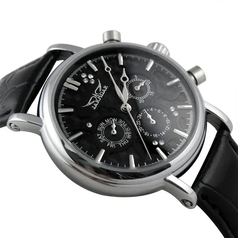 JARAGAR Automatic Mechanical Genuine Leather Strap Wrist Watch Luxury Gift For Men Fashion White Crystal Diamond Jewelry Accessories