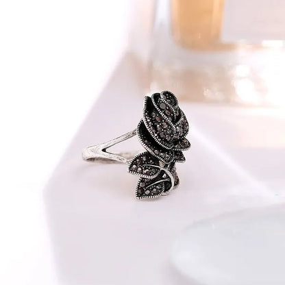 Retro Black Rose Flower Ring Marcasite Stones Paved Silver ring size 6 - 10