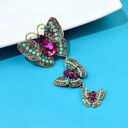 Fashion Exquisite Large Crystal and Rhinestone Butterfly Brooches for Women Vintage 3 Butterflies Insects Pendant Tassel Brooch Pins