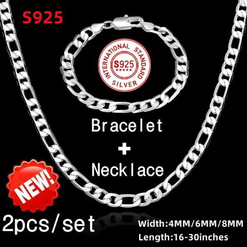 2pcs/Set(Bracelet+Necklace) Charm Men Women Figaro Curb Link Chain Bracelet Necklace Fashion 925 Sterling Silver Exquisite Jewelry Gifts