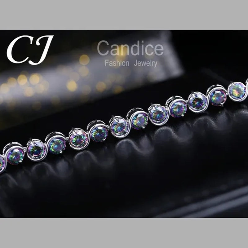 CANDICE Amazing S Shaped with round Genuine Mystic Rainbow Crystal Stone Women Bracelet Solid Sterling Silver Plated