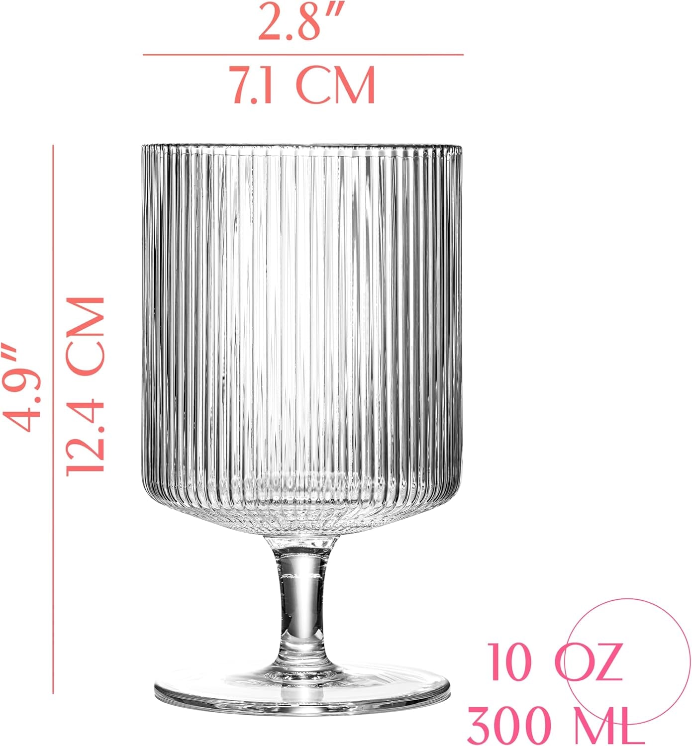 Vintage Art Deco Ribbed Goblet Cocktail Glasses with Stem | Set of 4 | 10 Oz Short Stemmed Crystal Tumblers for Drinking Classic Whiskey, Gin, Vodka Bar Drinks