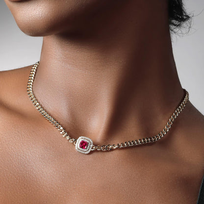 14K Yellow Gold Plated Gemstone Birthstone and White Moissanite Necklace | Cuban Curb Link Chain Pendant Necklace for Women | Cushion 6MM | 16 Inch Chain + 2 Inch Extender