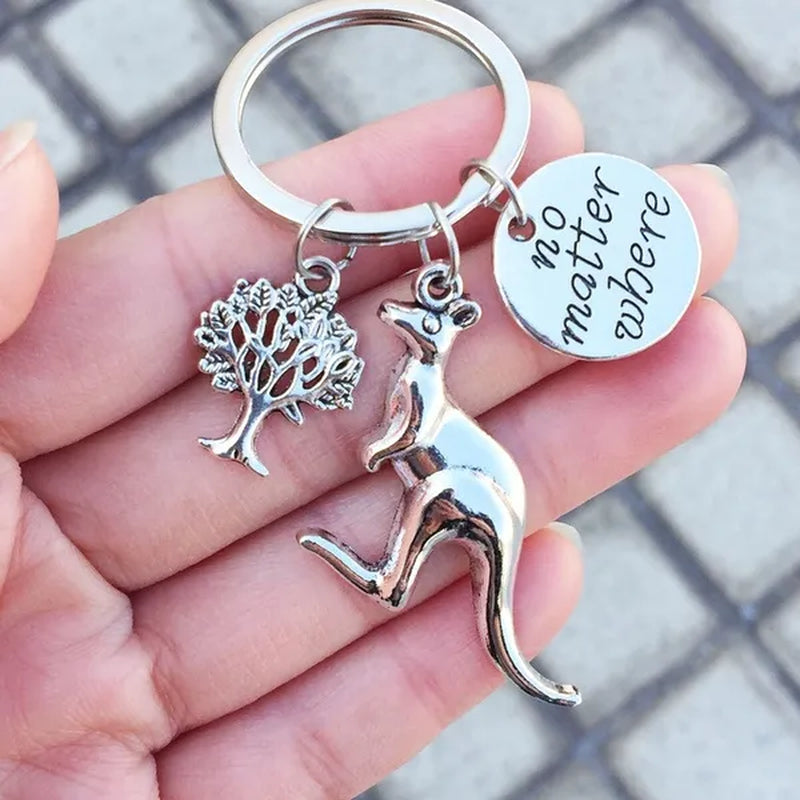 No Matter Where Kangaroo Key Ring, Kangaroo and Tree Keychain, Friendship Jewelry, Meaningful Jewelry, Initial, Stamped
