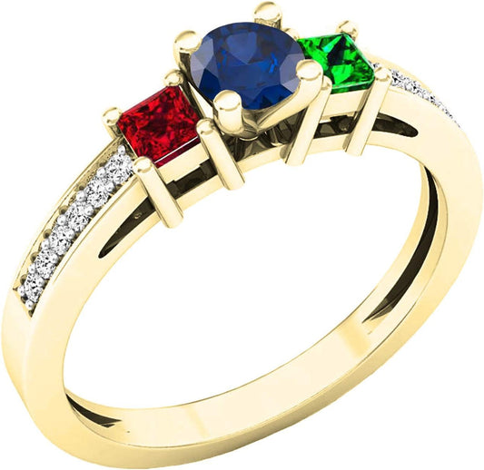14K Princess & round Created Gemstone, Emerald,Ruby & round Diamond 3 Stone Ring, Yellow Gold