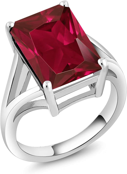 925 Sterling Silver Created Ruby Solitaire Ring for Women (8.00 Cttw, Emerald Cut 14X10MM, Available in Size 5, 6, 7, 8, 9)