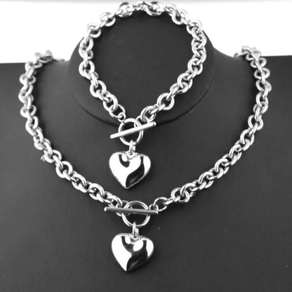 Trendry Women's Heart Pendant Set Silver Stainless Steel Jewelry Set Chain Necklace Bracelet Oval Chain