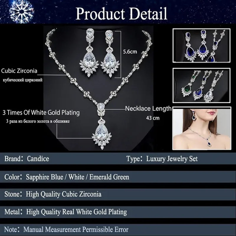 CANDICE White Gold Plated Marquise Cubic Zirconia Bridal Big Drop Earrings Necklace Set For Women Gorgeous Engagement Wedding Jewelry Sets