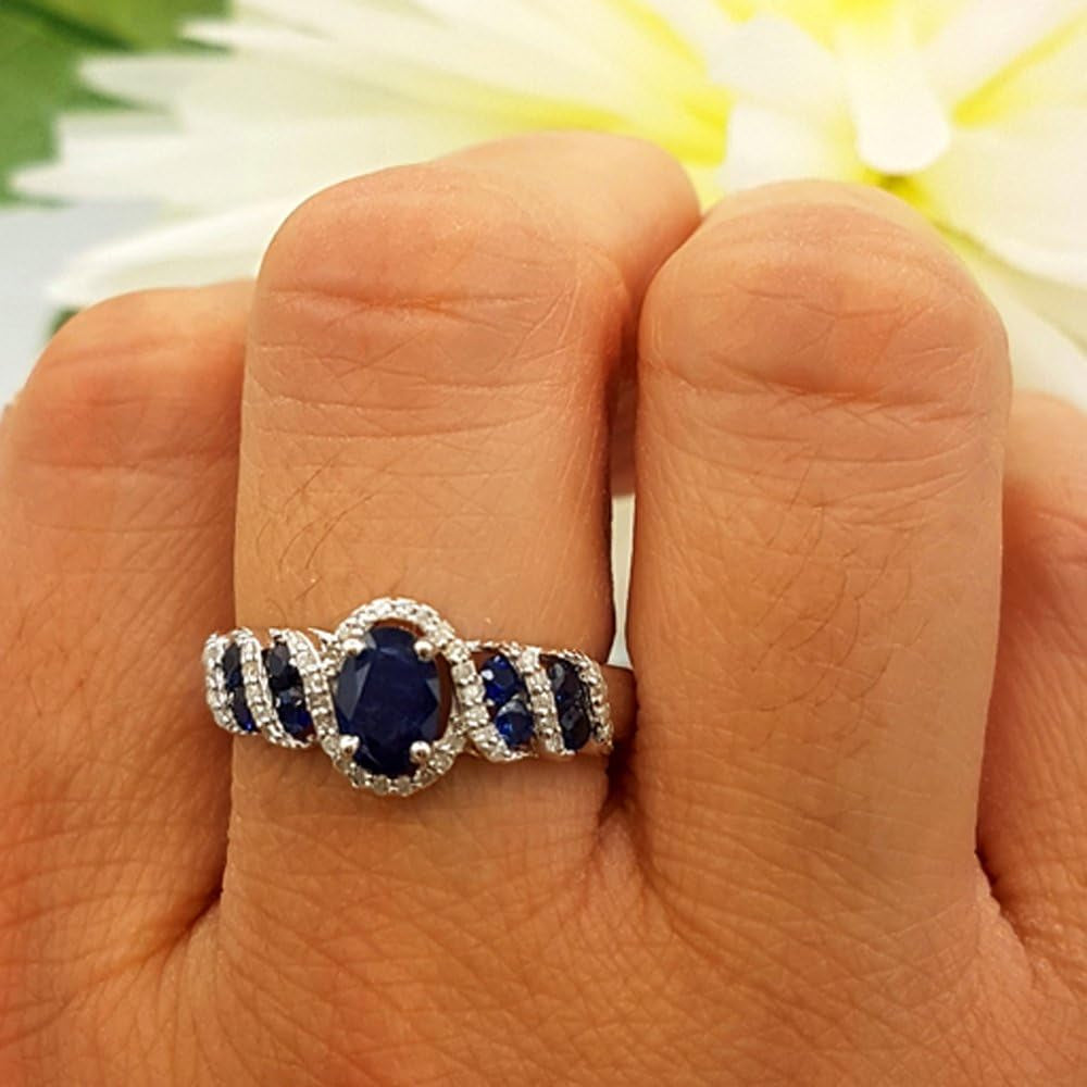 6X4 MM Oval & round Cut Blue Sapphire and round Diamond Ladies Engagement Ring, Sterling Silver