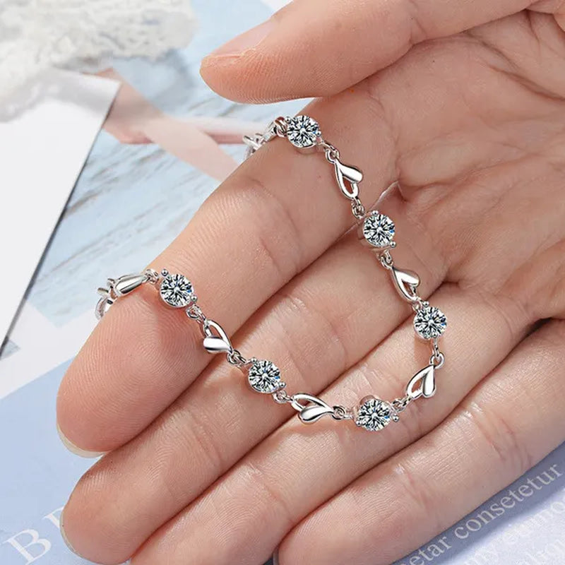 Hot 925 Sterling Silver Zircon Love Heart Shaped Bracelets Crystals  for Women Valentines Gift Wedding Party Cute Jewelry