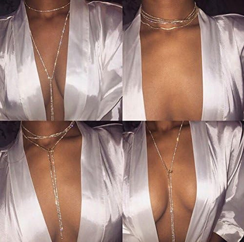 Muti Row Boho Tennis Chain Rhinestones Choker Long Chain Necklace for Women and Girls Jewelry
