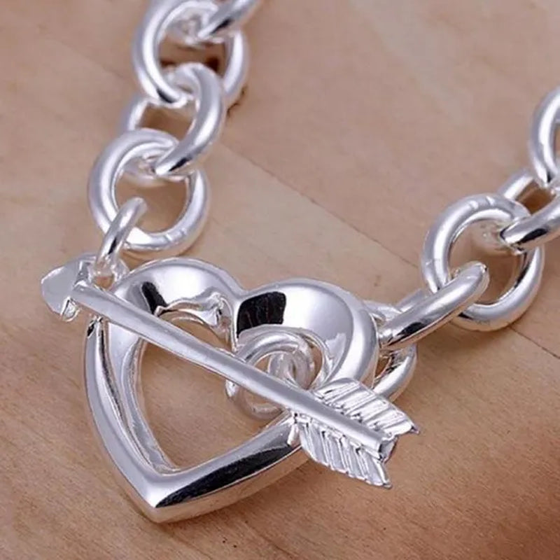 New 925 Sterling Silver Through Heart Bracelet Bangle for Men Women Fashion Party Wedding Jewelry Valentine's Gift