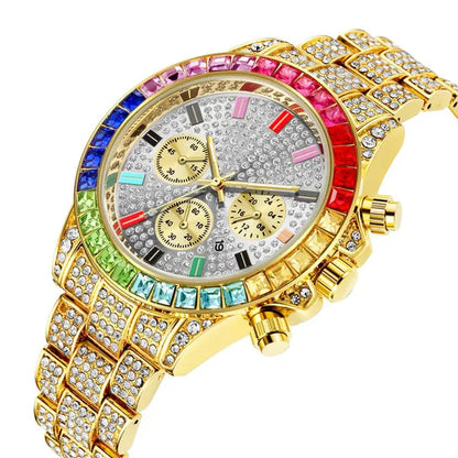 Men Watch Luxury Brand Mens Gold Men Watch Quartz Clock Chronograph Colorful Diamond Steel Iced Out Watch Reloj Hombre