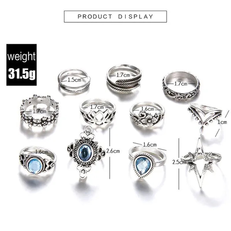 11Pcs/Set Retro Finger Ring Set Boho Crown Star Silver Carved Knuckle Rings for Women Jewelry Gifts