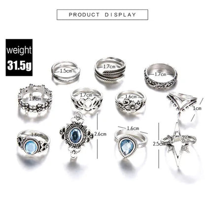 11Pcs/Set Retro Finger Ring Set Boho Crown Star Silver Carved Knuckle Rings for Women Jewelry Gifts
