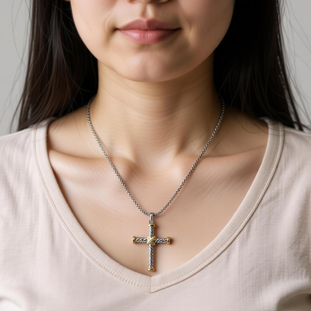 Cable Cross Pendant Necklace Antique Overlap Fashion Twisted Wire Necklaces Jewelry for Women Men Gift
