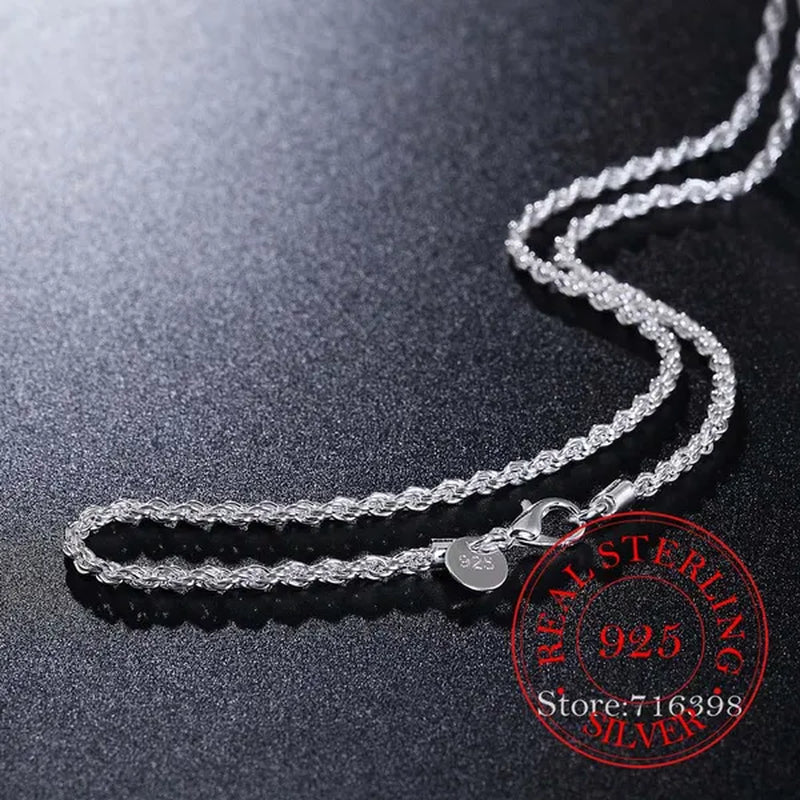 Real 100% 925 sterling silver Men's Fine Jewelry 3mm twisted rope chain necklace Size 16-30inch charm necklace Colar