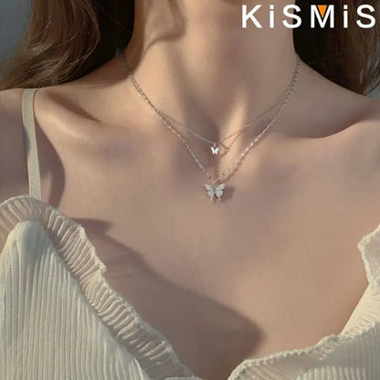 KISMIS 1 Pc/2 Pcs Exquisite and Creative Women's Diamond Necklace Butterfly Double Layer Necklace Shiny Diamond Ladies Clavicle Chain Elegant Charm Wedding Pendant Jewelry