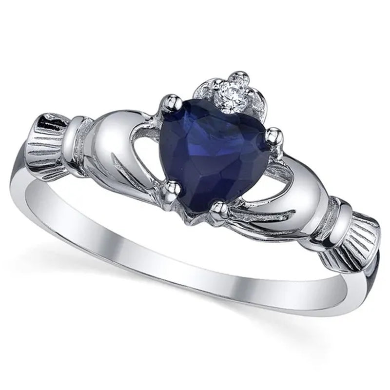 Women's Sterling Silver 925 Irish Claddagh Friendship Love Simulated Sapphire Blue Heart Cubic Zirconia Ring