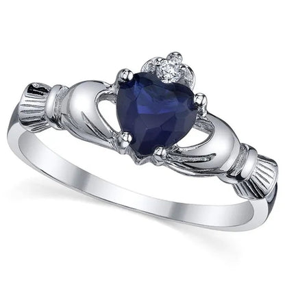 Women's Sterling Silver 925 Irish Claddagh Friendship Love Simulated Sapphire Blue Heart Cubic Zirconia Ring