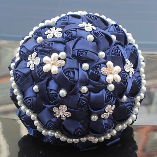 18CM Dark Blue Wedding Bouquet Pearl Diamond Brooch Bride Holding Flowers Artificial Silk Rose Bridesmaid Flower Bouquet Fake Flower