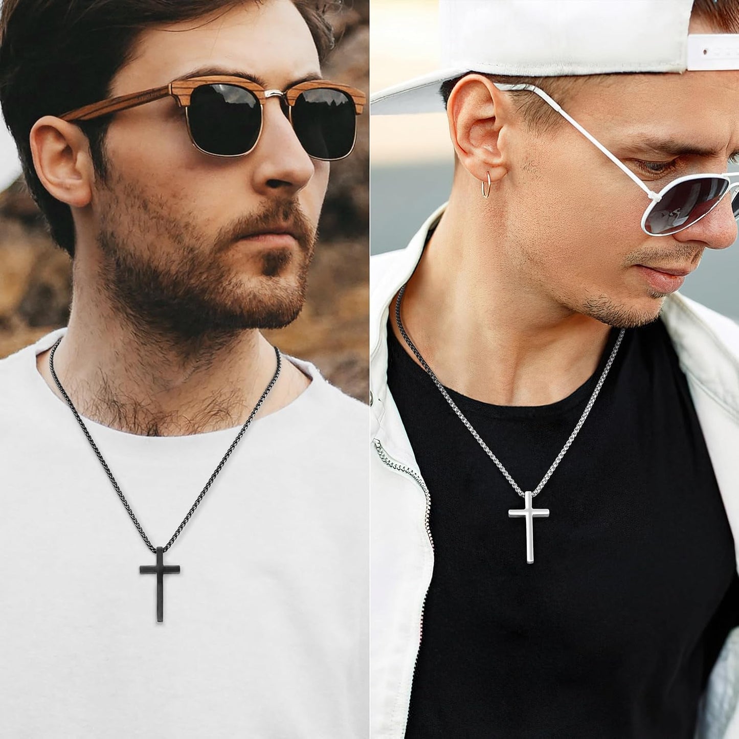 2 Pcs Cross Necklace for Men Boys,Stainless Steel Pendant Silver Black Gold Crosses Chain Jewelry Gifts Box 16-30 Inches