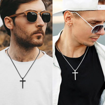 2 Pcs Cross Necklace for Men Boys,Stainless Steel Pendant Silver Black Gold Crosses Chain Jewelry Gifts Box 16-30 Inches