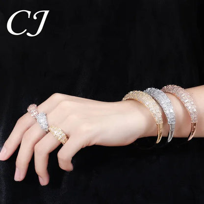 CANDICE Exclusive Design Rose Gold Plated Dubai Wedding Wide Bangle Ring Set Full Hand-inlaid Cubic Zirconia African Bridal Open Cuff Bracelet Jewelry Sets for Women Prom Party
