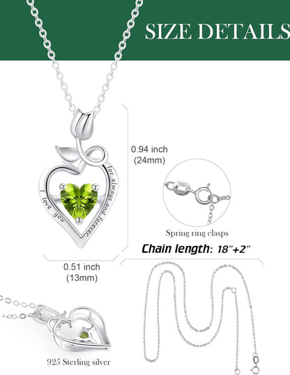 Fine Jewelry Birthstone Natural Peridot Necklace Sterling Silver Rose Flower Heart Gemstone Pendant Anniversary Birthday Gifts for Women Her Girls Wife Mom