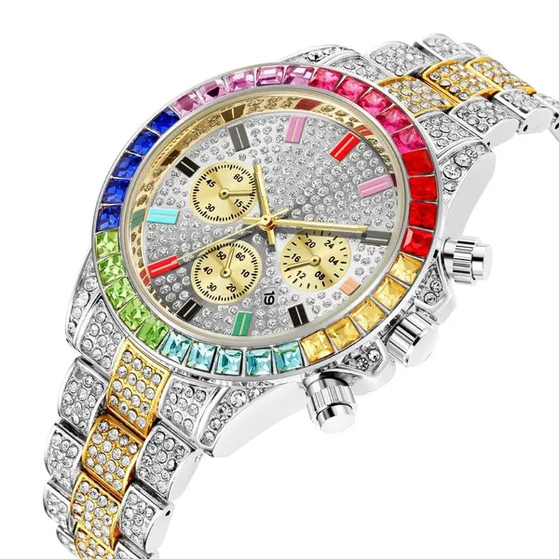 Men Watch Luxury Brand Mens Gold Men Watch Quartz Clock Chronograph Colorful Diamond Steel Iced Out Watch Reloj Hombre