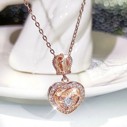 Fashion Cute Silver Plated Heart Shaped Crown Diamond Pendant Necklace for Women Wedding Engagement Rose Gold Clavicle Jewelry Gift