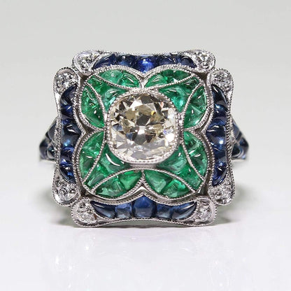 925 Sterling Silver Vintage Emerald Ring Blue Sapphire White Topaz Ring Women Wedding Fashion Jewelry Size 6-10