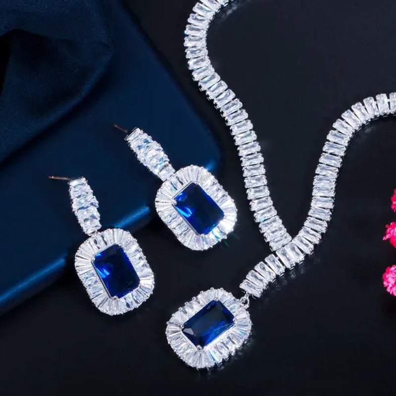 Gloriya Classic Sparkle Cubic Zircon Charm Square Pendant Choker Necklace Earrings for Bridal High Quality Sapphire Jewelry Set