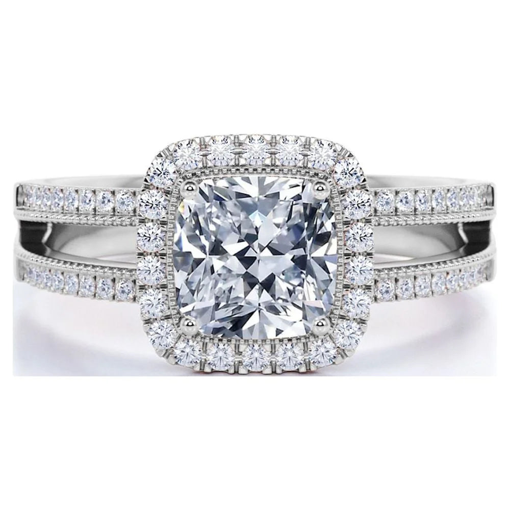 .63 Ct Cushion Cut Real Diamond - Vintage Style - Engagement Ring - Split Shank - Halo Ring - 10K White Gold
