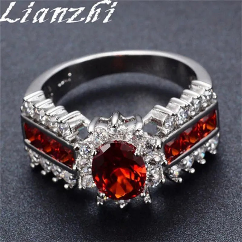 HOT Brand  Fashion Oval Cut Blue Sapphire&Red Ruby Wedding Ring 18k White Gold Jewlry for Women