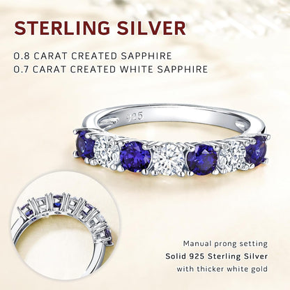 925 Sterling Silver Birthstone Rings for Women White Sapphire Created Gemstone Wedding Band Stackable Half Eternity 7 Stone Anniversary Ring Wife Mom Grandma Birthday Jewelry Size 6-10