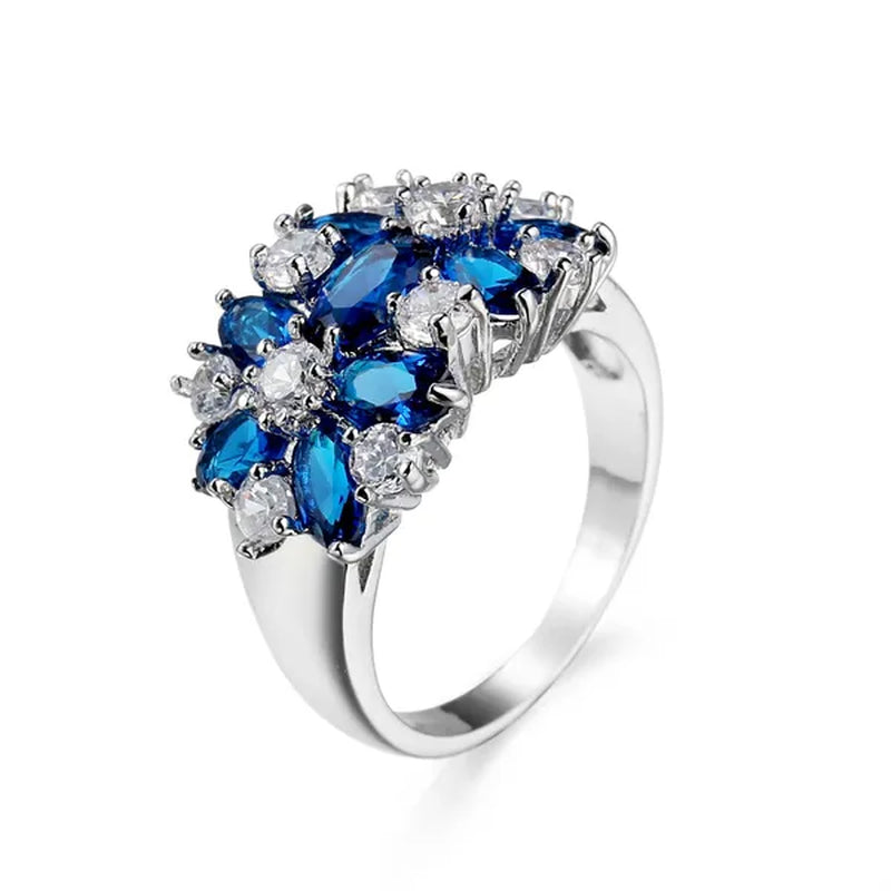 Fashion women 925 sterling  silver sapphire & white topaz gemstones Rings Size 6 7 8 9 10