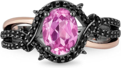 Enchanted Disney Fine Jewelry 14K Rose Gold over Sterling Silver with Black Rhodium Oval Created Pink Sapphire and 1/4 Cttw Treated Black round Diamond Maleficent Ring
