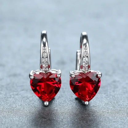 1Pair 925 Sterling Silver 14K White Gold Birthstone Hoop Earrings Heart Cut Red Ruby Garnet Drop Earrings Heart Shaped Clip On Earrings Gift
