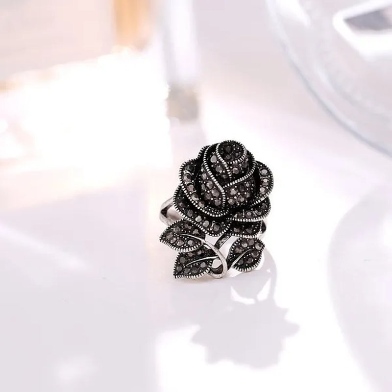 Retro Black Rose Flower Ring Marcasite Stones Paved Silver ring size 6 - 10