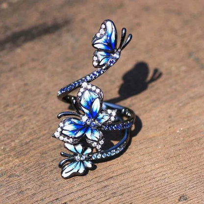 Exquisite 925 Sterling Silver Jewelry Rings for Women Female 3 Butterfly Animal Ring Temperament Blue Sapphire Zircon Inlay Ring Gun Black Ring Engagement & Wedding Band Ring Size 6-10