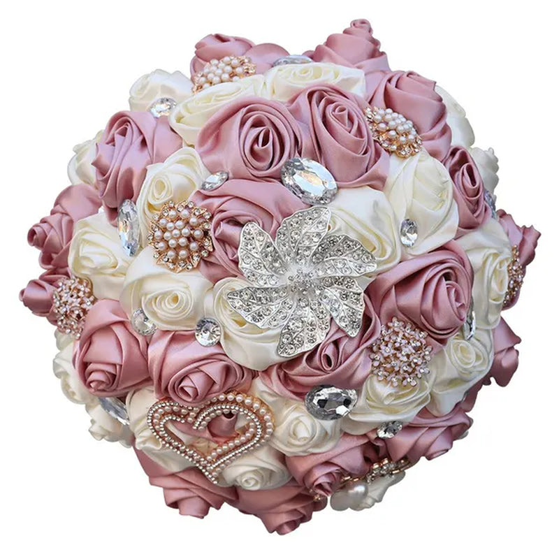 21CM Silk Rose Wedding Flower Bouquet Pearl Rhinestone Brooch Bouquet Bride Bridesmaid Holding Flowers Wedding Party Shooting Props